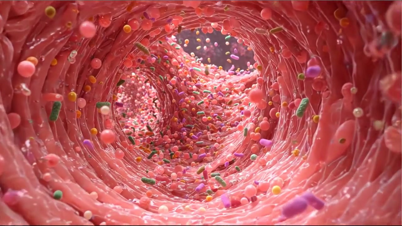 Particelle microscopiche che scorrono all'interno di un vaso sanguigno rosa