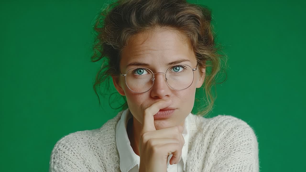 A Woman in a Sweater with Glasses Silently Asks for Attention Against a Vibrant Green Background, Expressing Curiosity and Contemplation