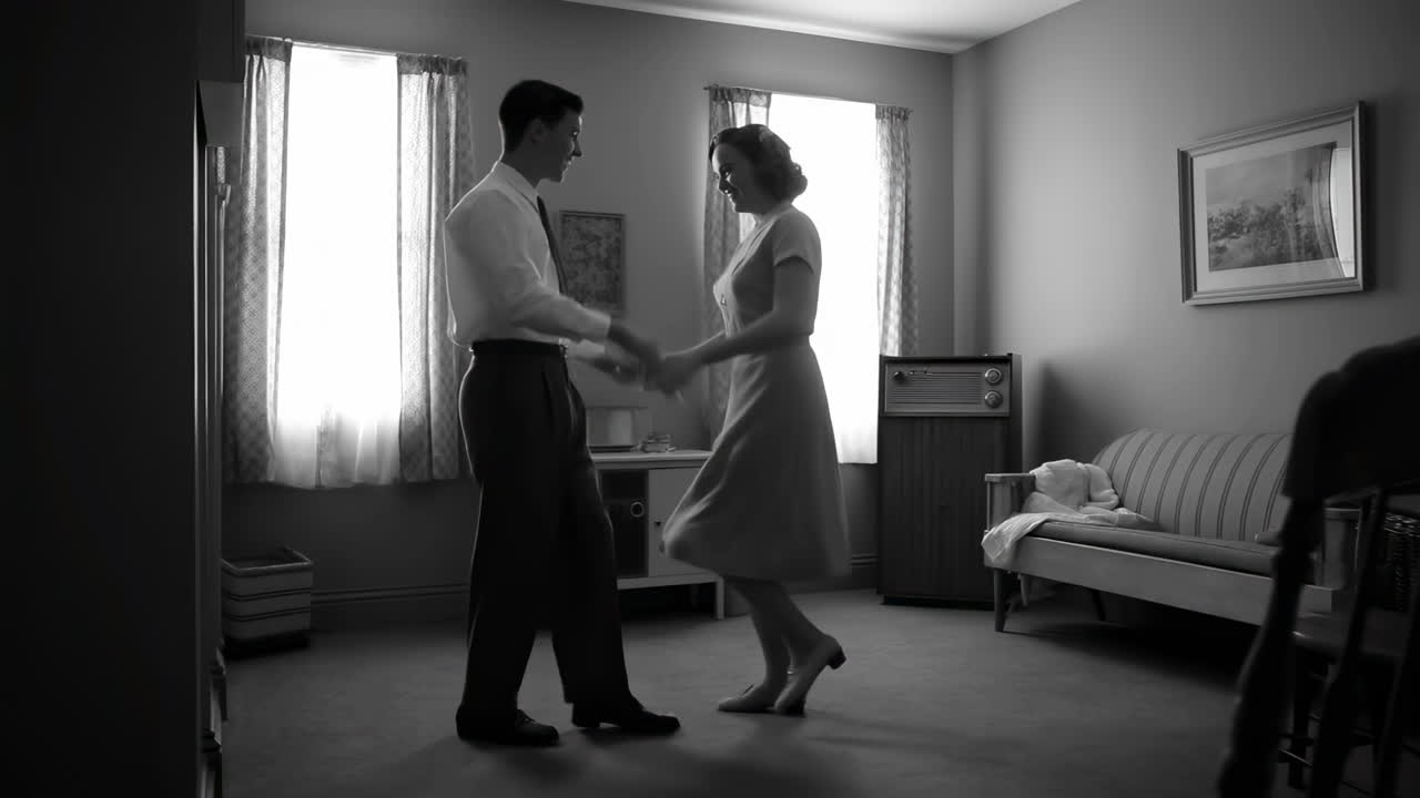 Monochrome Caucasian Couple Dancing In Parlor, Man In Suit And Woman In Dress Sway Beside Vintage Radio