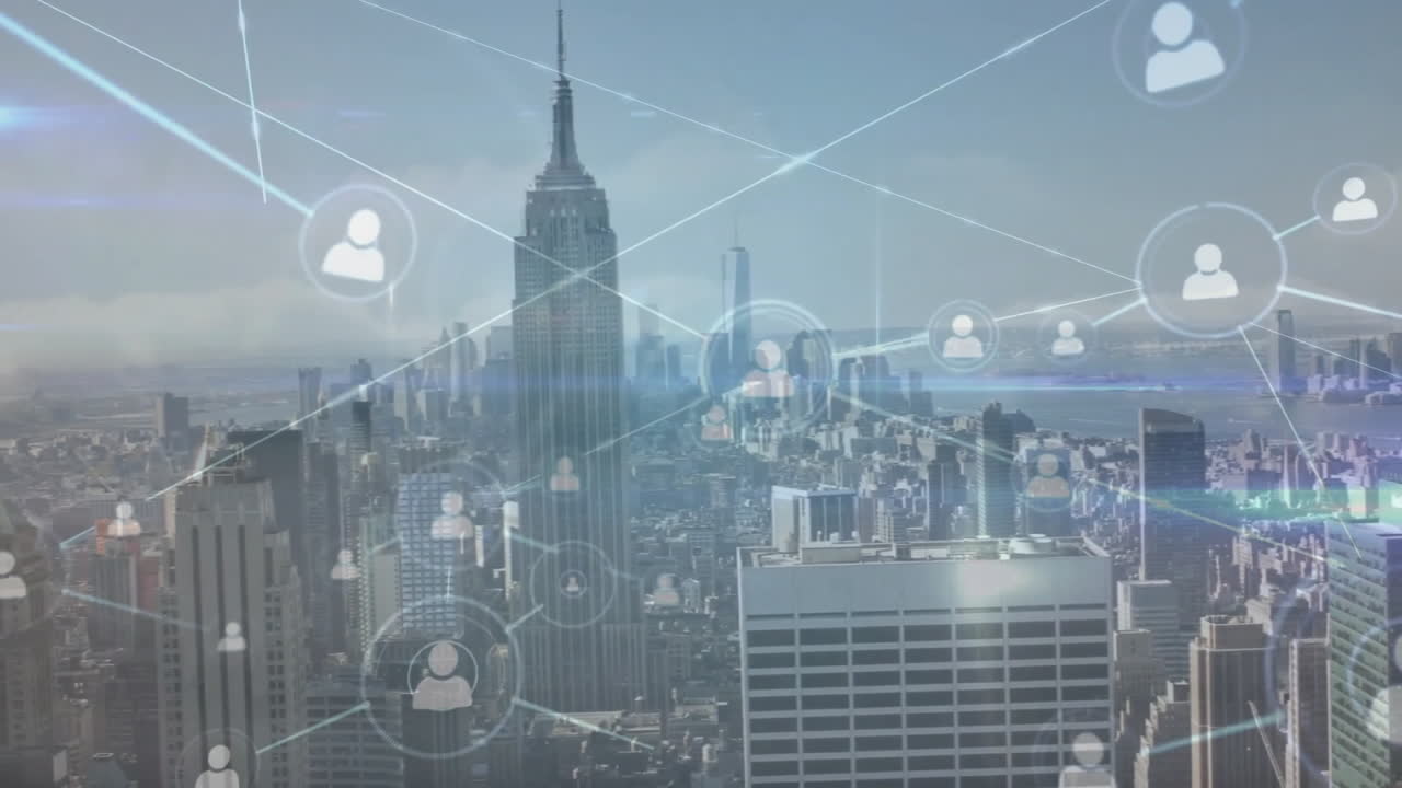 都市風景上のアイコンの接続ネットワークのアニメーション