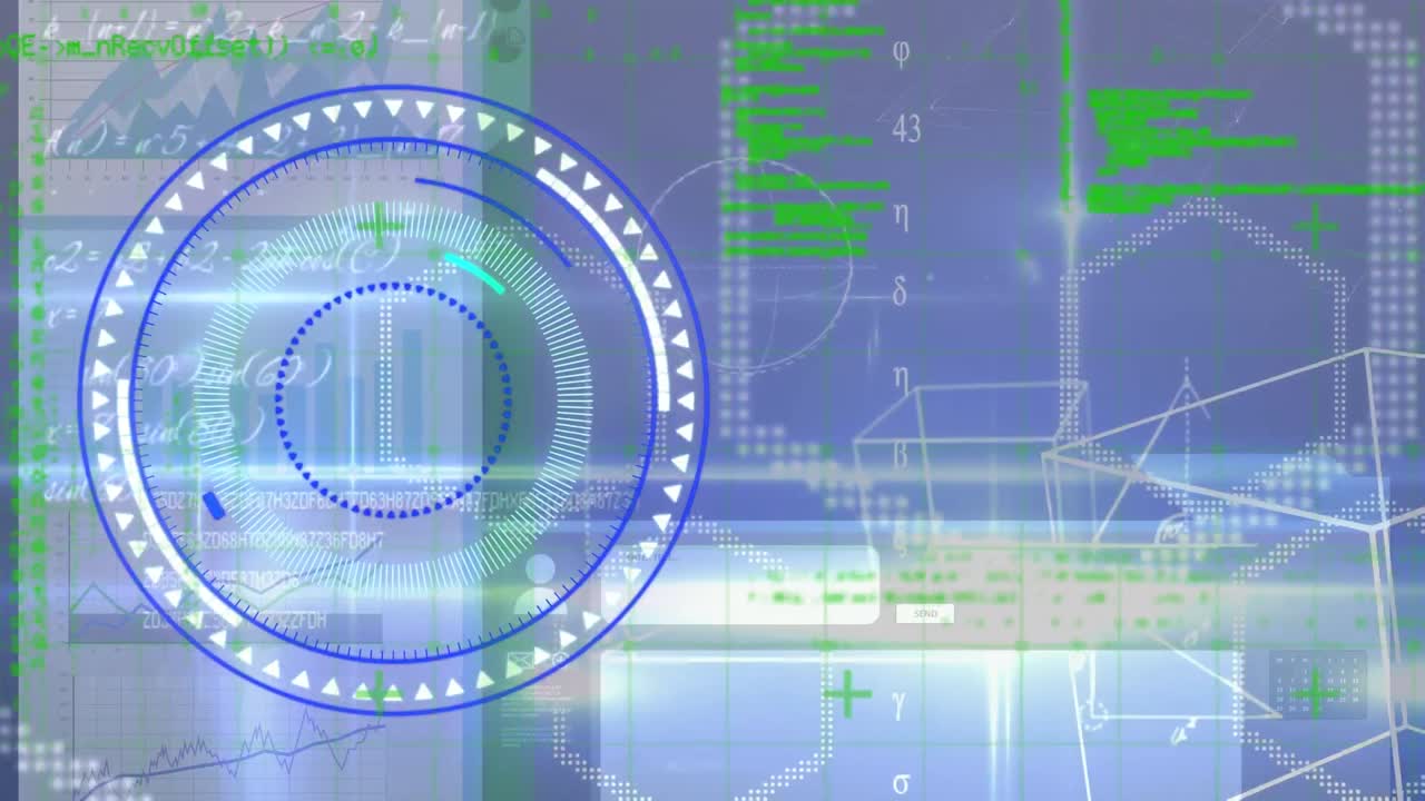 ecuaciones matemáticas y formas en un fondo azul