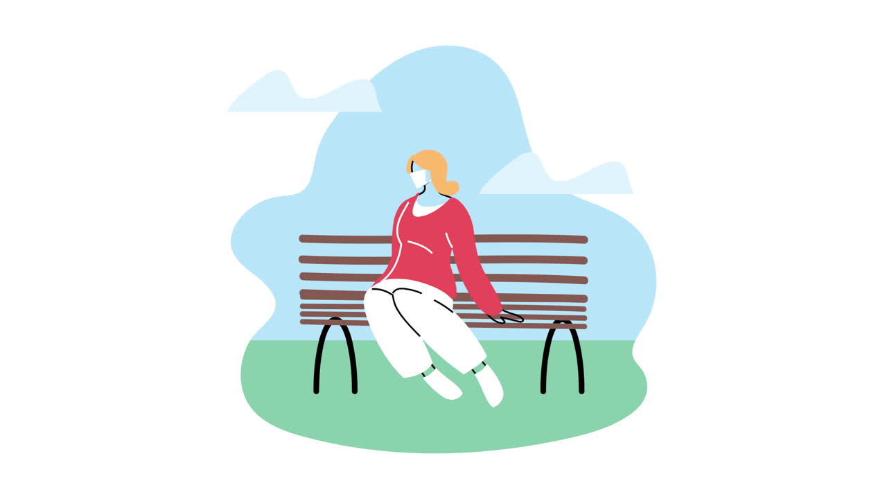 코로나19 예방을 위해 의료 마스크를 착용한 젊은 여성이 공원 의자에 앉아 있습니다.