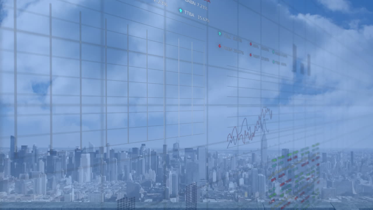 都市風景上の金融データ処理のアニメーション