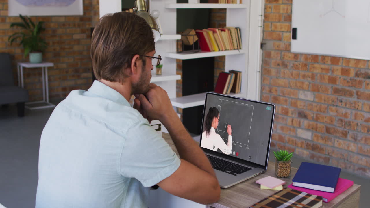 Caucasian male student using laptop on video call with female teacher