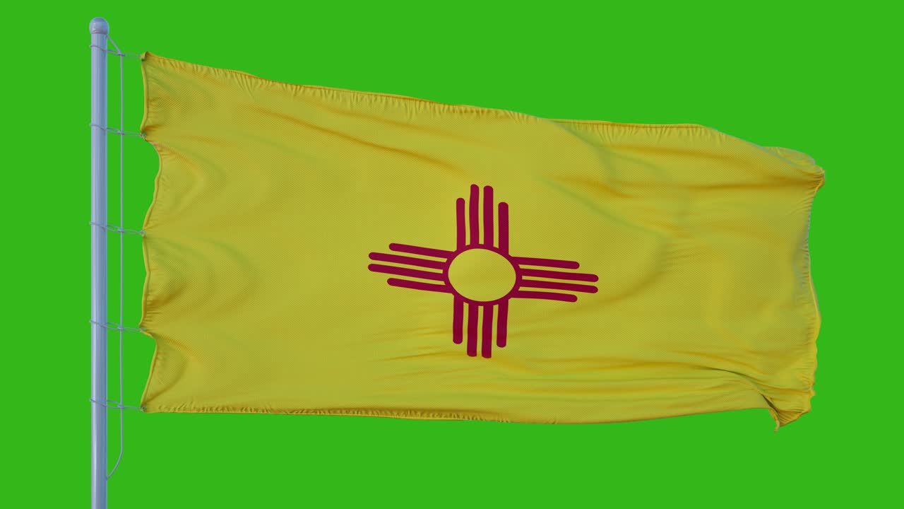 bandera del estado de nuevo méxico ondeando en el viento contra el fondo de la pantalla verde