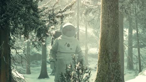 astronaut exploring forest in snow