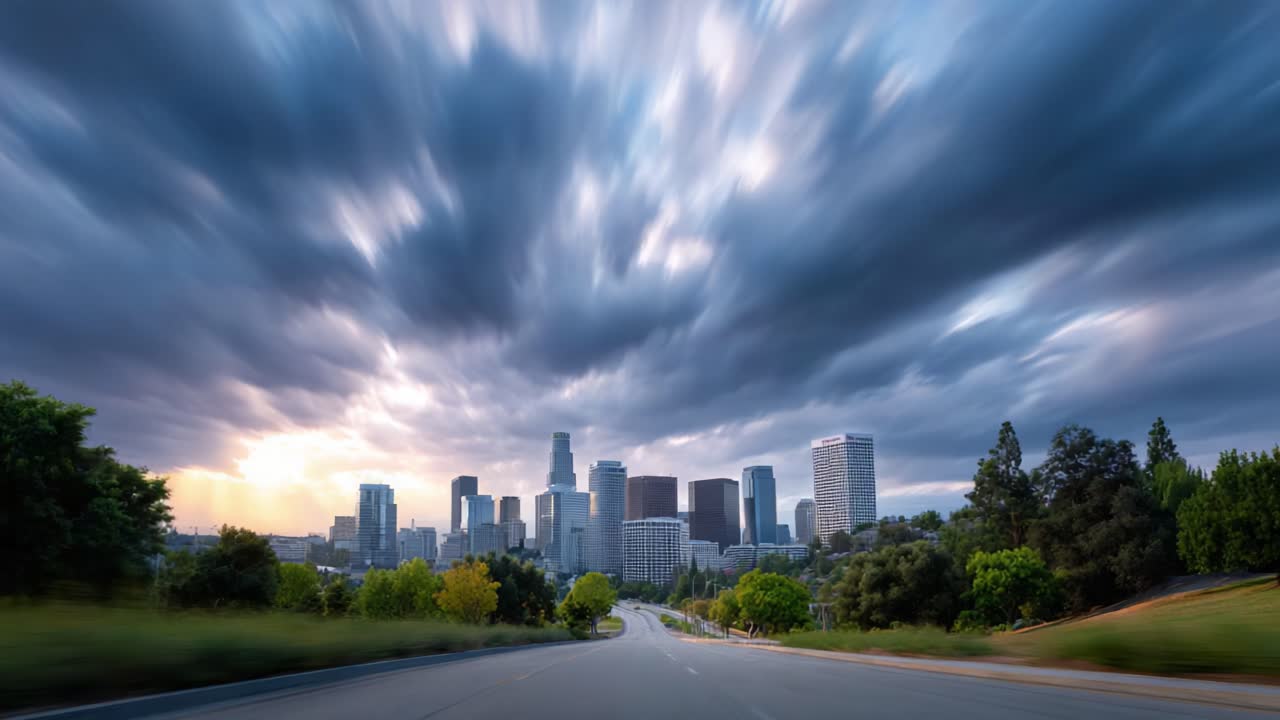 A Stunning Urban Skyline Glowing Under Dramatic Clouds and Golden Sunset Amidst Lush Greenery in a Scenic Road View of the City Landscape