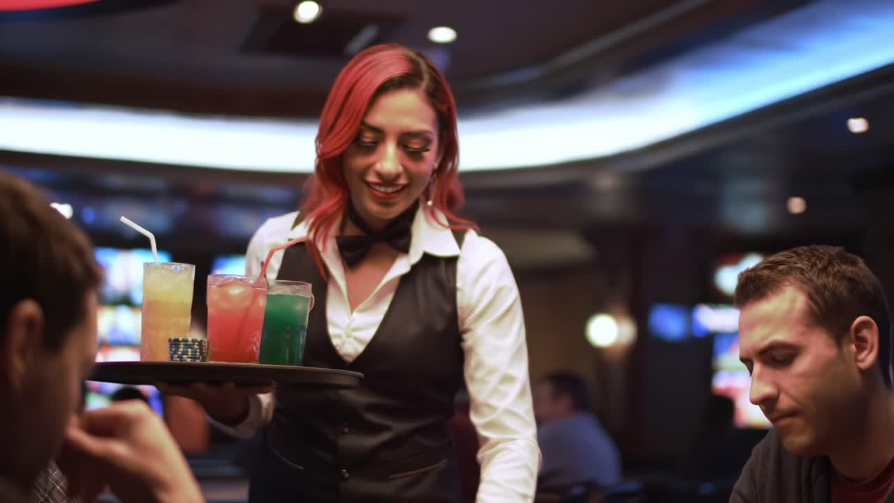 A Cheerful Waitress Serving Colorful Cocktails to Guests at a Casino Dining Table with a Warm Atmosphere and Engaging Social Interaction