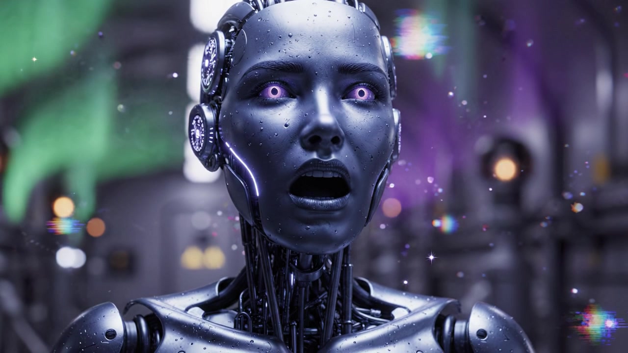 Serie di immagini accattivanti di un robot futuristico che esprime emozioni in un ambiente ad alta tecnologia, trascendendo le espressioni umane e la meccanica complessa.