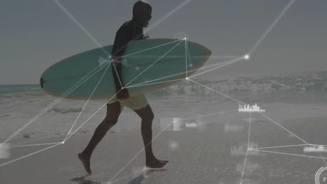man carrying surfboard walking on beach at water edge, featuring digital technology network overlay
