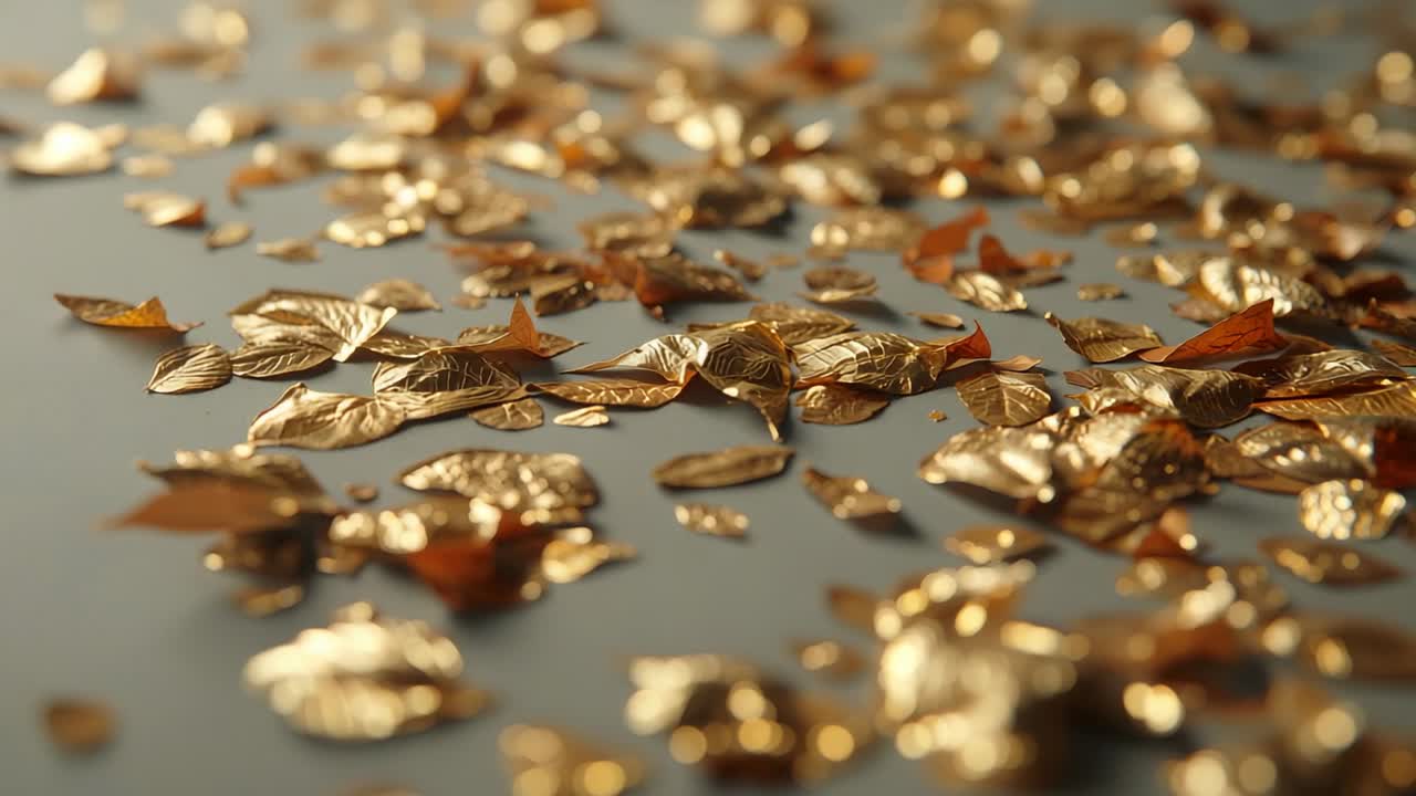 Starting camera shifting focus across metallic gold leaves on matte grey plane, emphasizing depth