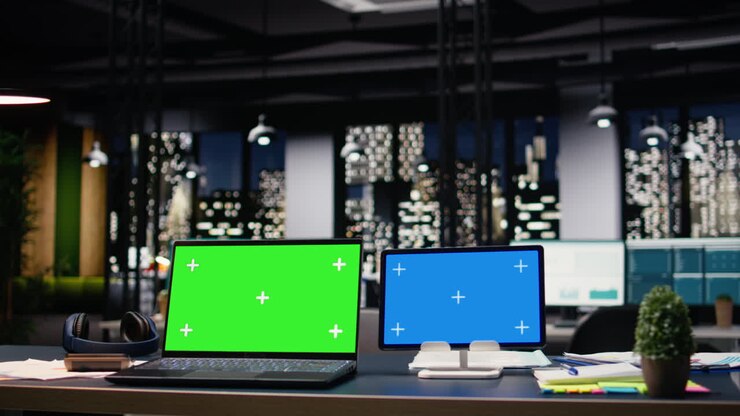 Laptop con chroma key e schermo blu in un ambiente di lavoro vuoto con un design interno elegante