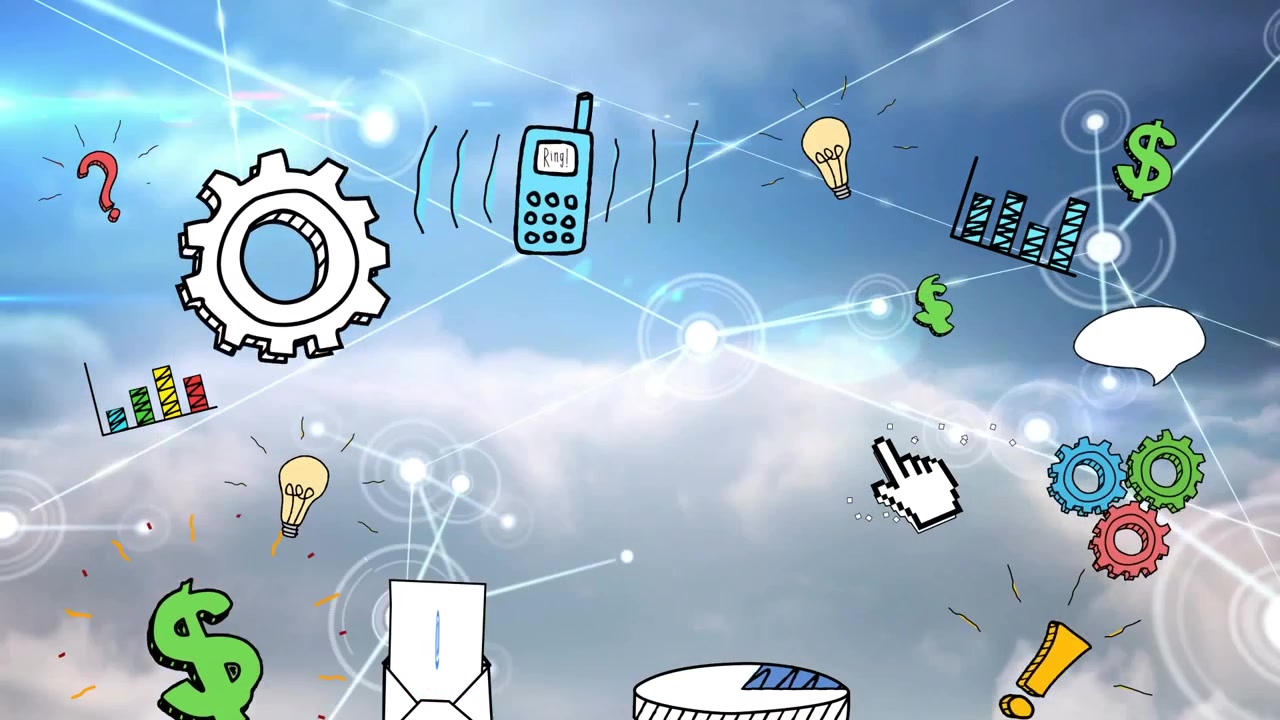Animation of network of connections over clouds and business icons