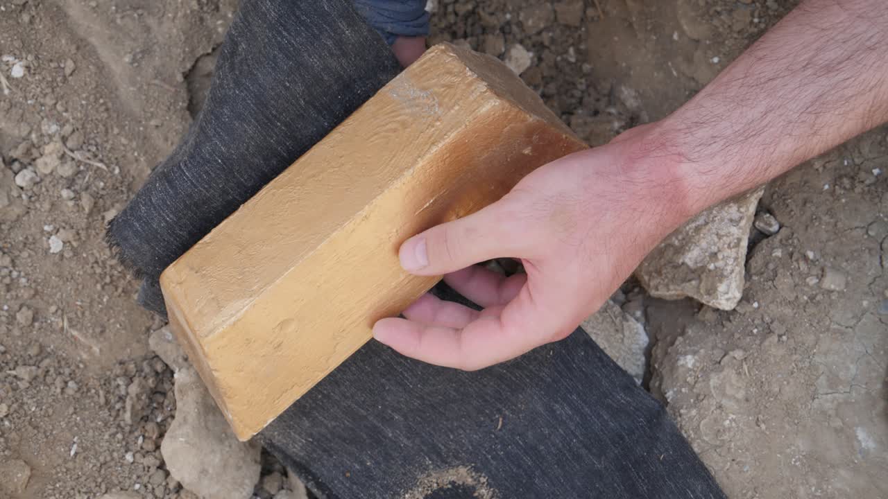 primer plano de encontrar una barra enterrada de tesoro de oro