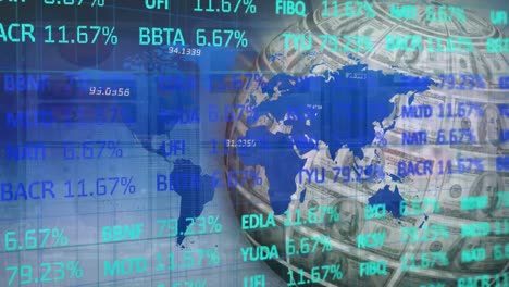 Animation-of-data-processing-over-globe-of-banknotes