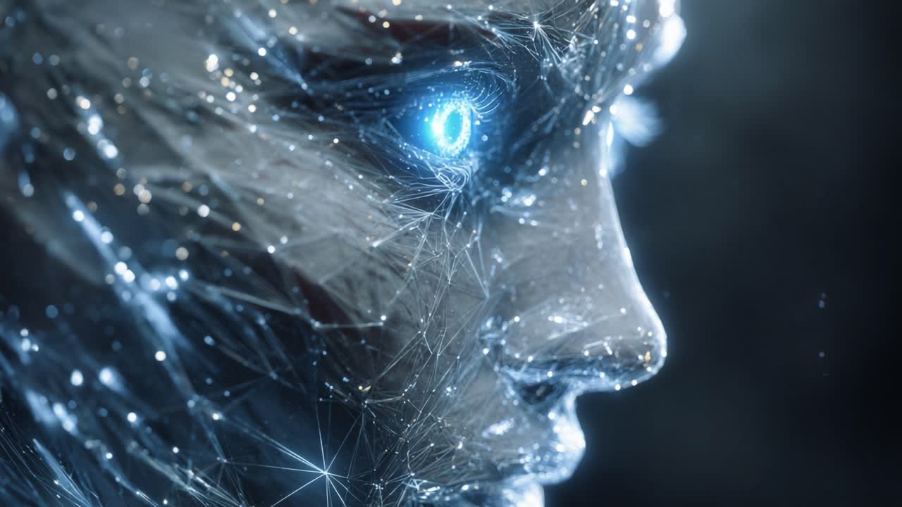 Futuristic human android face formed by a digital network of glowing particles and plexus lines. A detailed close up showing advanced machine learning and sentient AI processing big data