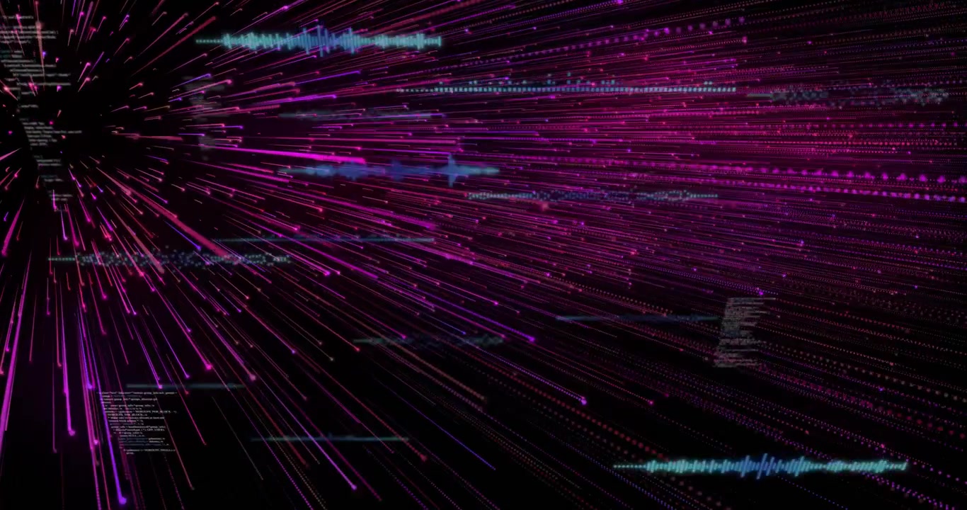 Neon pink purple data lines radiating across dark UI, with code snippets and waveform icons