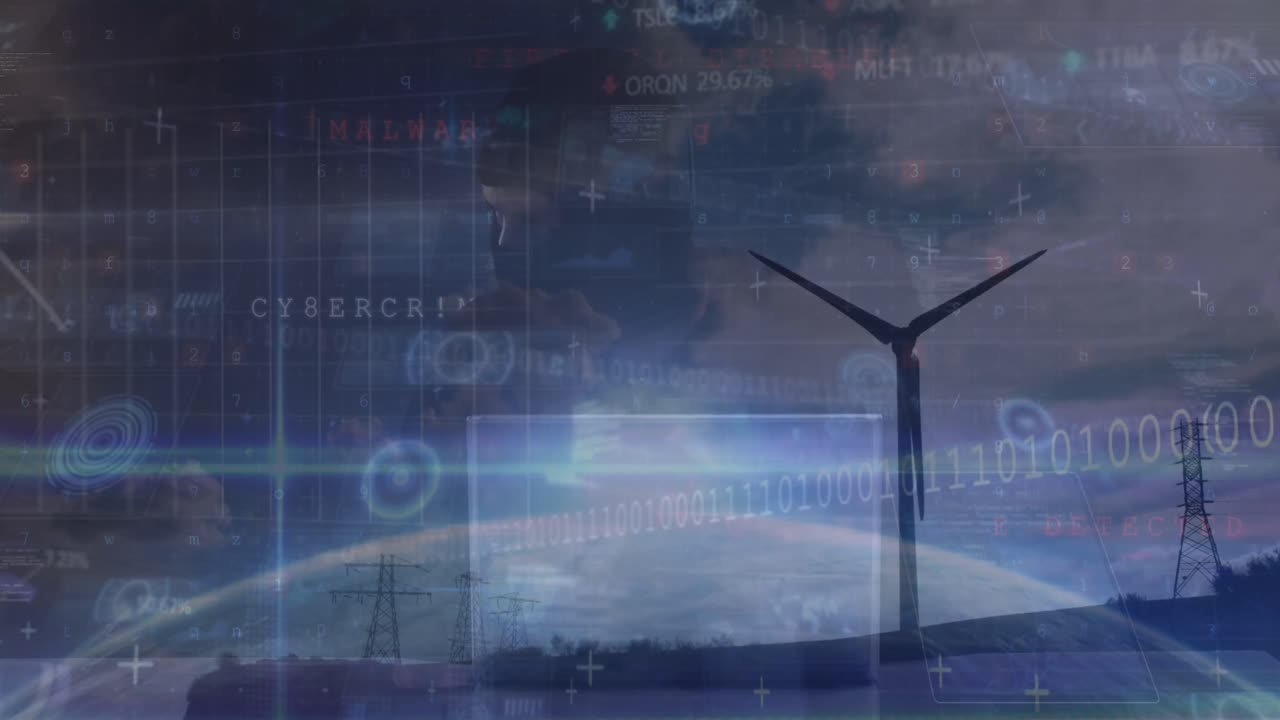 Animation of cyber security data processing over windmill spinning against clouds in the blue sky