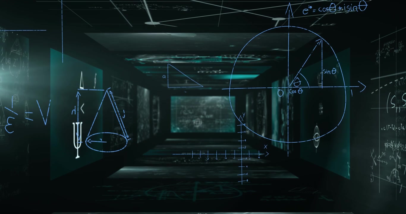 Animation af lysspor over matematiske ligninger på sort baggrund