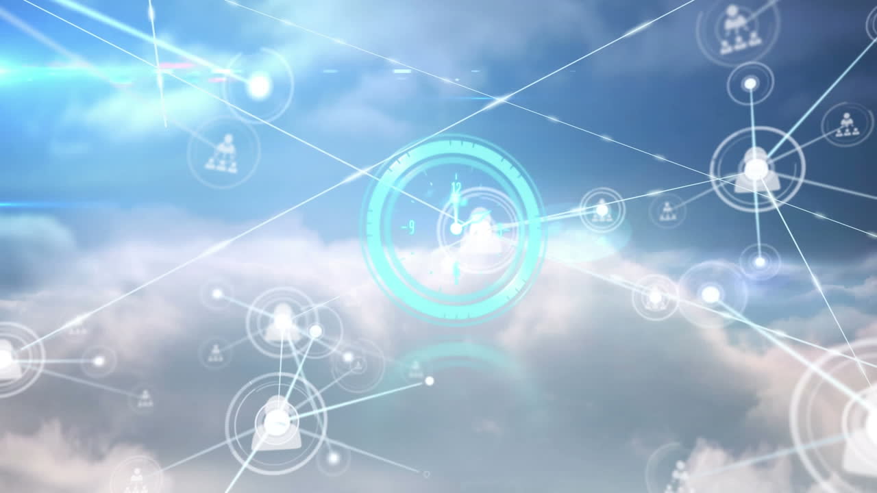 구름과 하늘을 가로지르는 범위 스캔과 연결 네트워크의 애니메이션