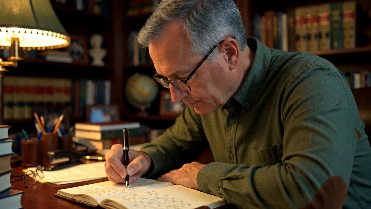 An Adult Male Professor in a Long-sleeved Shirt Writing Research Notes in a Leather Journal at His Office Desk, Bookshelves Behind