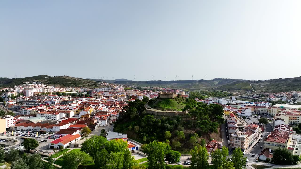 Drone shot of an ancient ruin on a hill in Portugal.