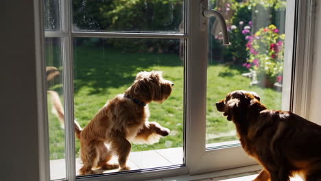 dogs playing and looking out a sunny window