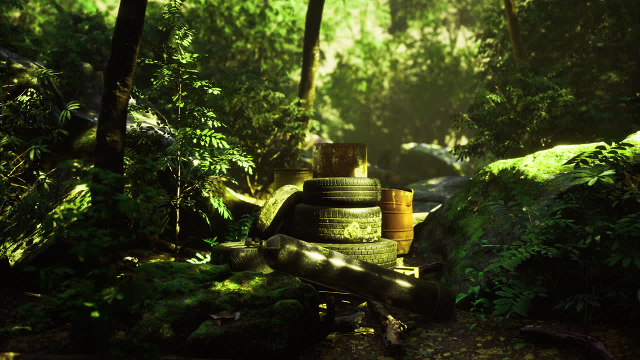 Nature scene with stacked tires and wooden barrels in a vibrant forest