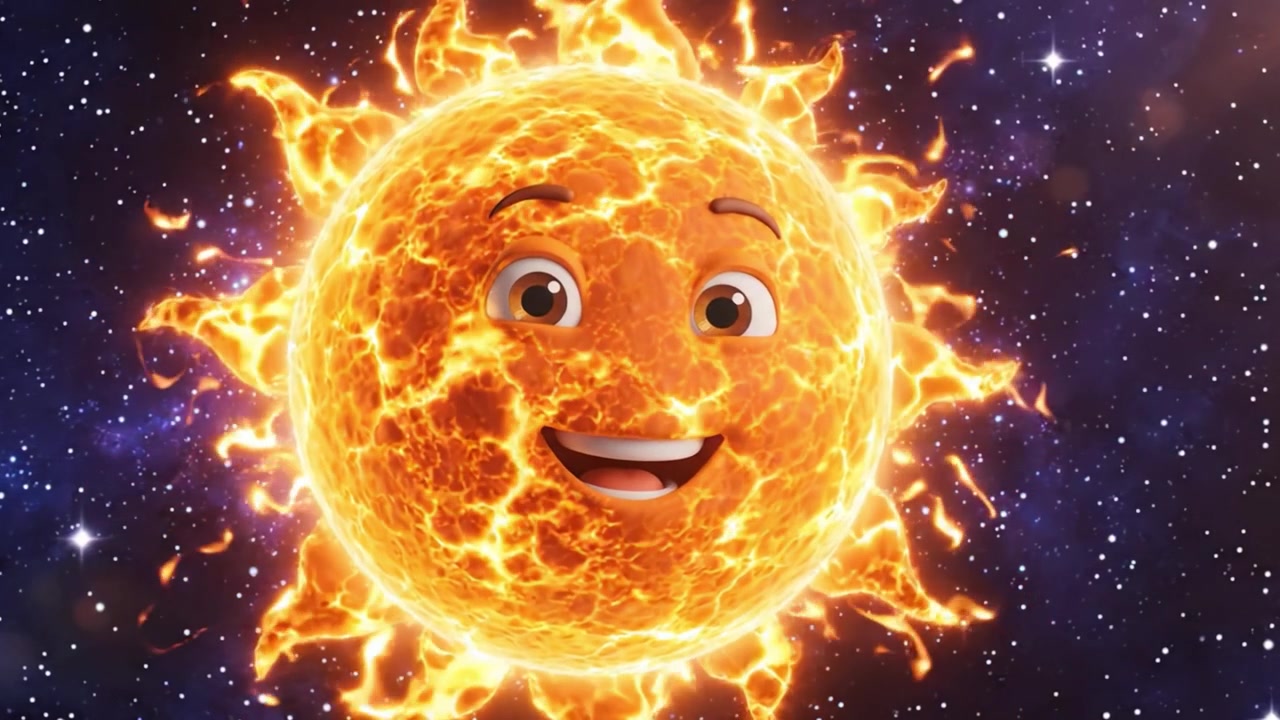 En munter animeret solfigur med lyse træk, der udstråler energi og lys mod en kosmisk baggrund, smilende med energi og et glædeligt udtryk