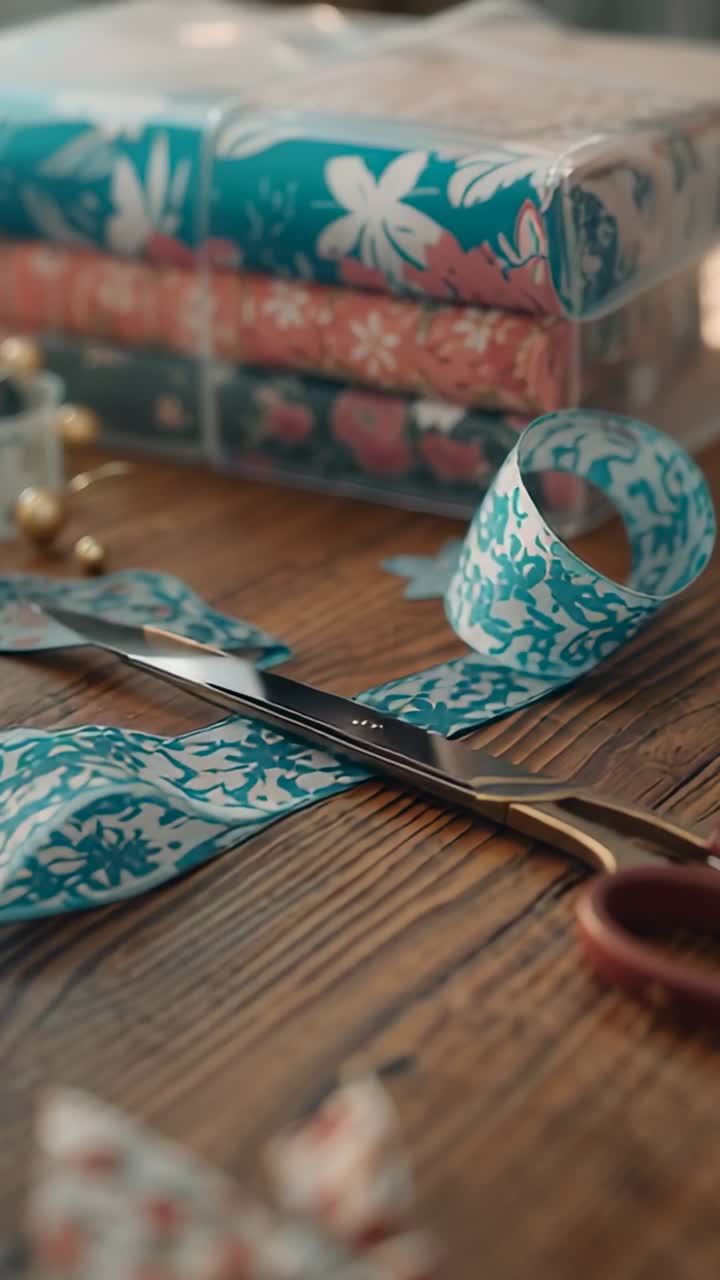 Vertical video: Shifting paper strip guiding scissors trimming end on home desk, forming gift bow