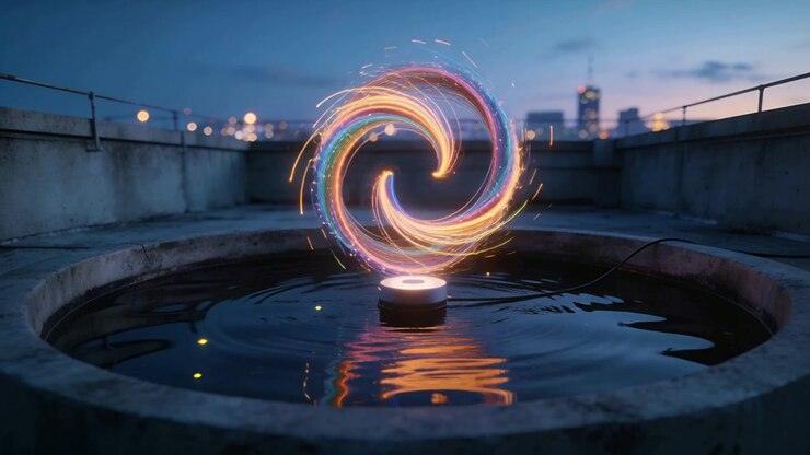 Rotating colorful spiral emitting sparks above rooftop basin, powered by lit pedestal cable