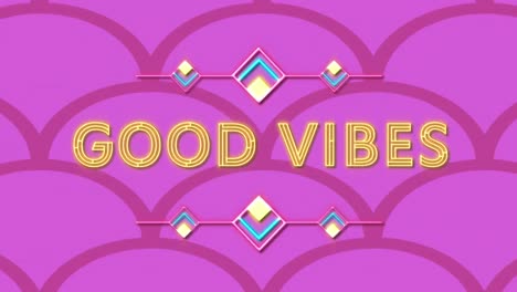 Animation-of-good-vibes-text-in-yellow-neon-letters,-over-pink-repeated-curve-pattern