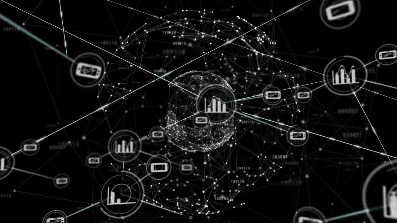 Animation of network of connections with icons over globe with glowing spots