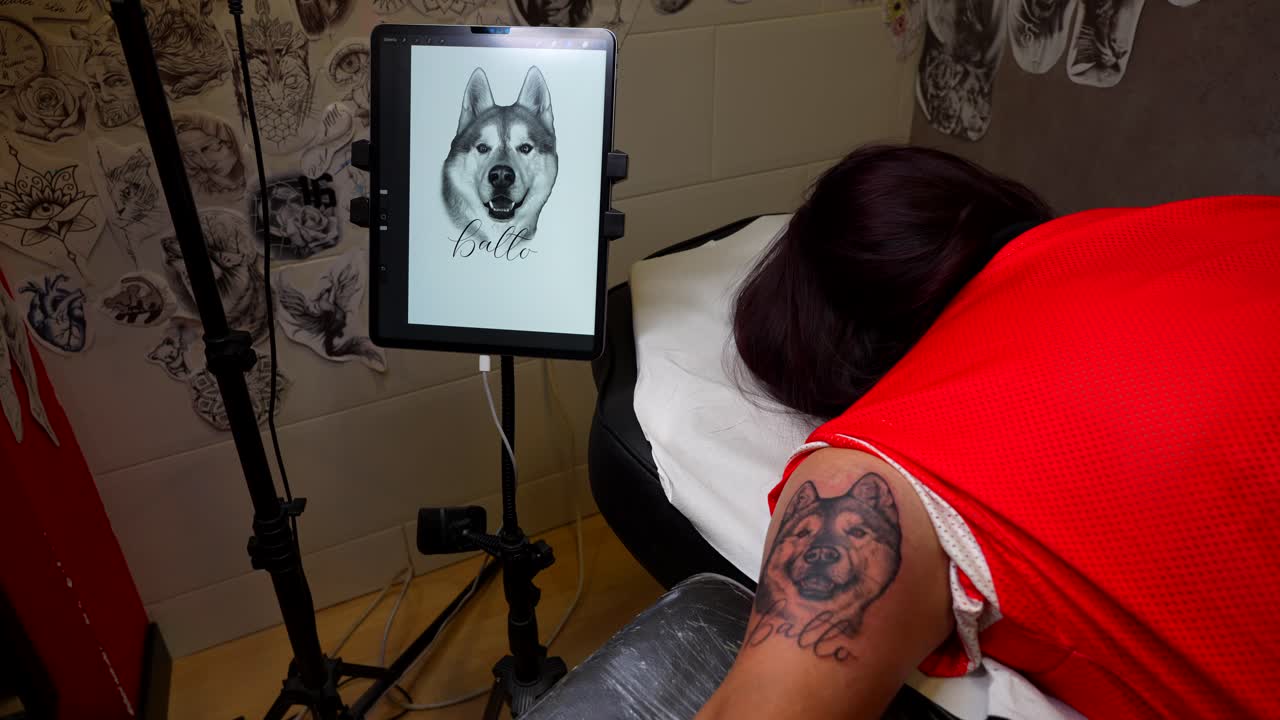 Panning right shot of a woman laying on a stretcher after getting a husky tattoo with the tracing picture on a screen next to her