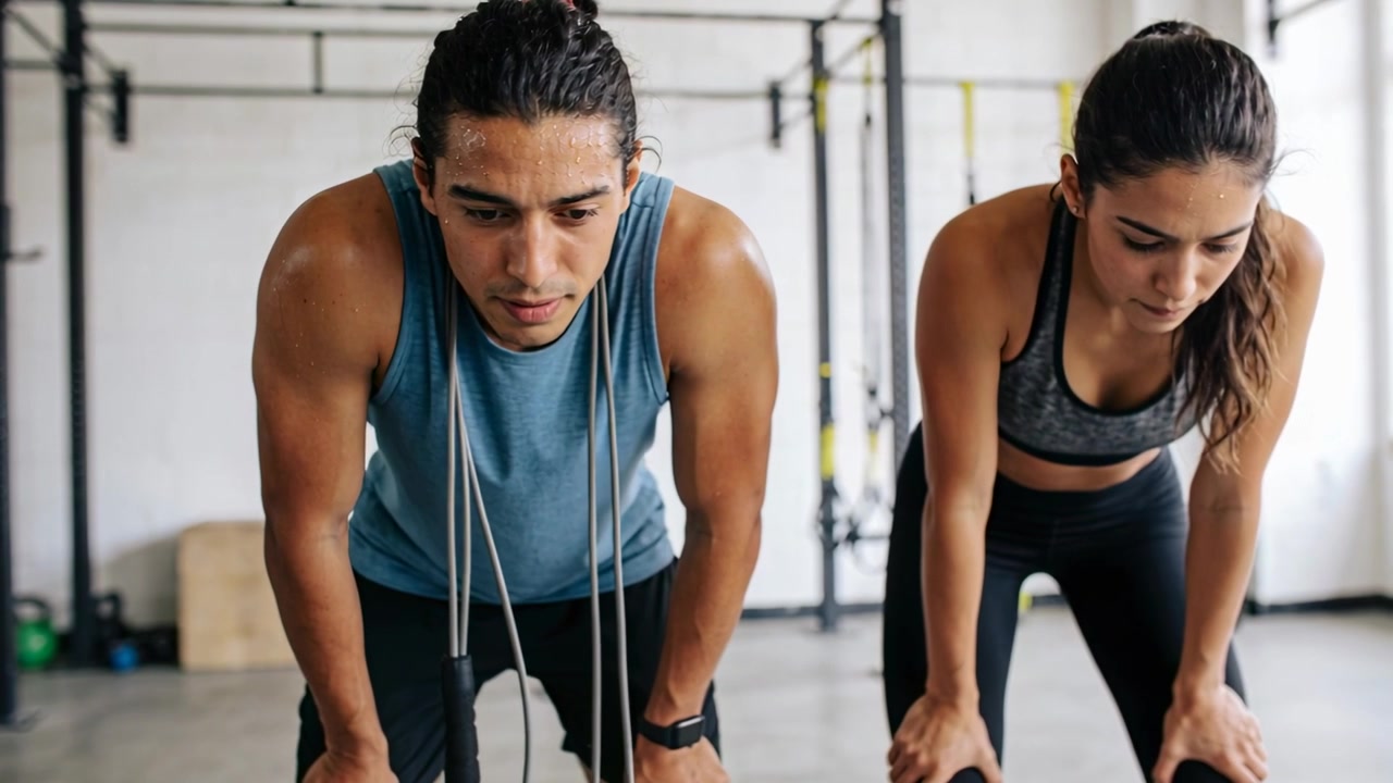 Recovering after set, man blue top and woman dark bra steadying breathing at gym, checking watch