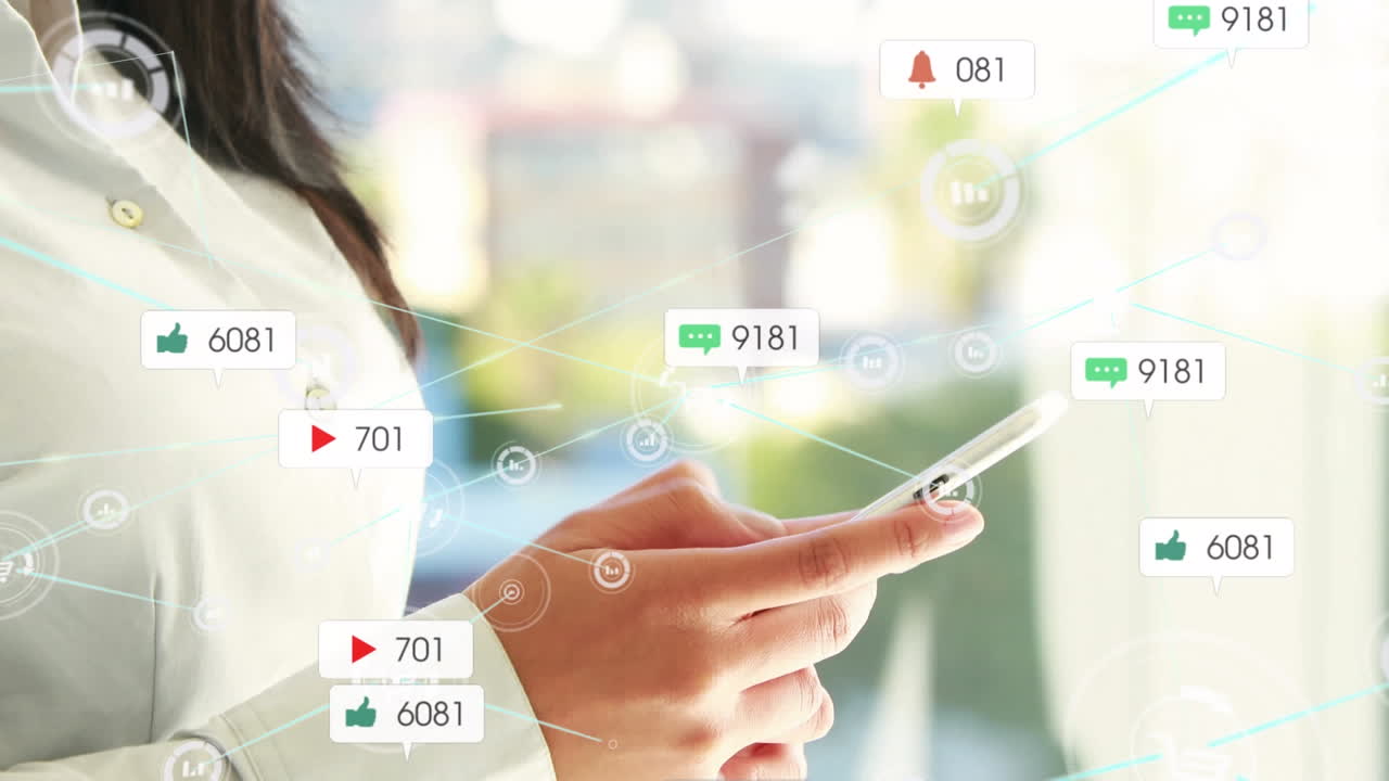 Animation of social media icons and numbers with connections over asian woman using smartphone