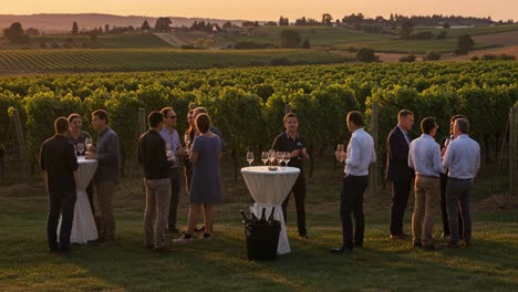 an elegant evening gathering amidst lush vineyards, featuring guests socializing with wine glasses in a picturesque landscape at sunset