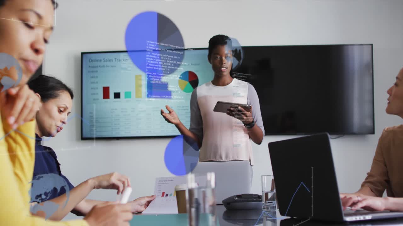 Animation of data processing over diverse business people talking in office