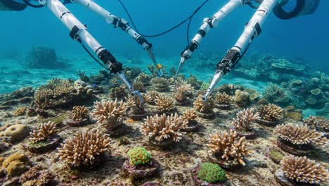 underwater robotics engaging in coral rehabilitation: advanced robots protecting marine ecosystems by restoring coral growth and enhancing biodiversity in oceanic environments