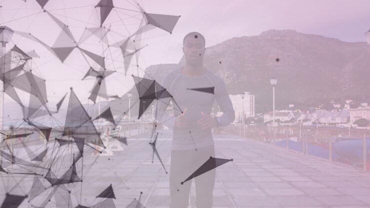 Animation af geometriske former over en afroamerikansk veltrænet mand, der løber på en promenade.