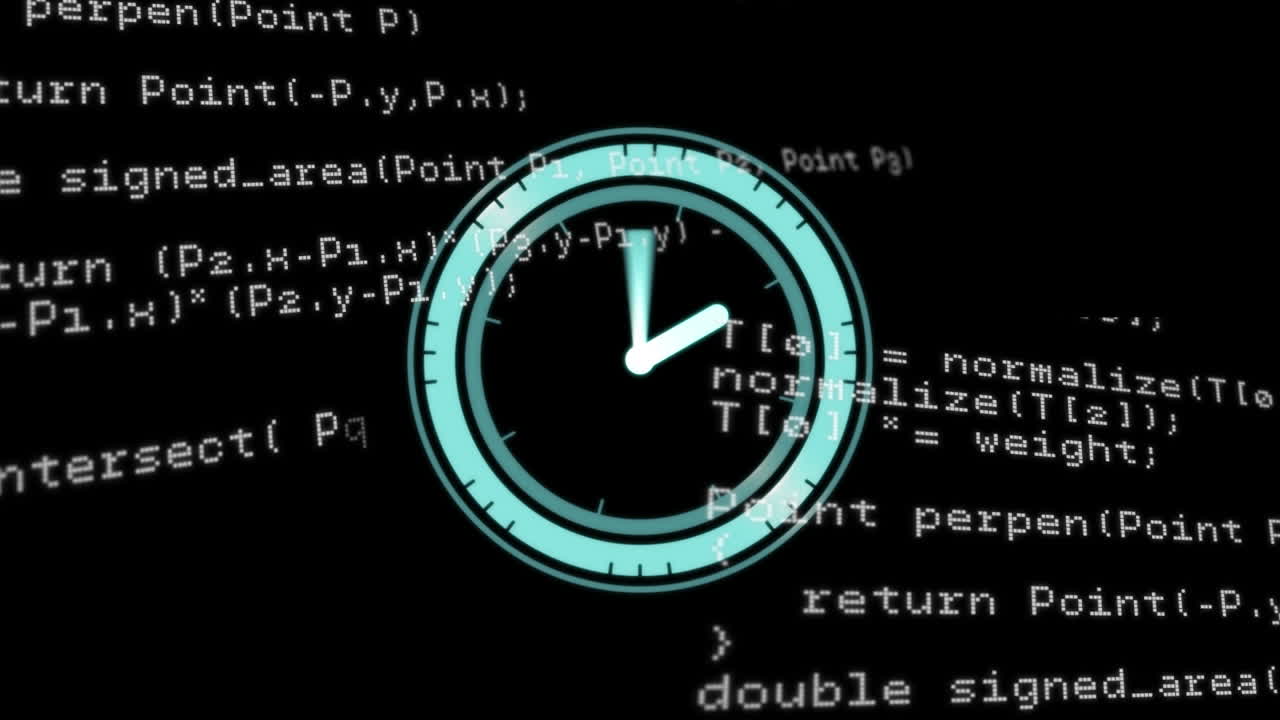 Animation of clock over data processing on black background