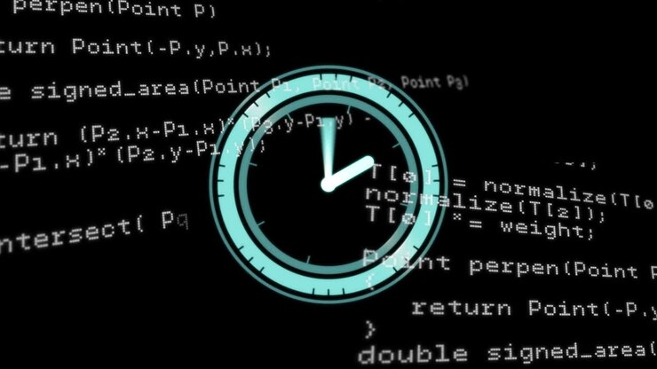 Animation of clock over data processing on black background