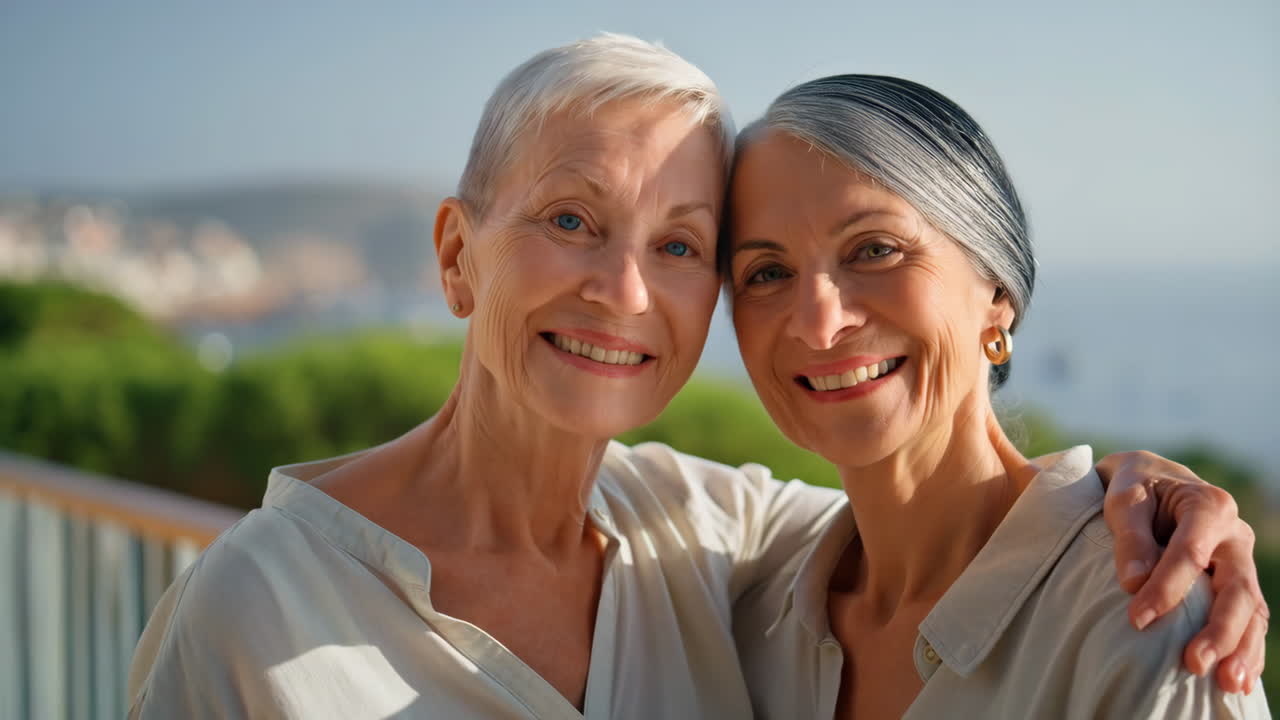 Two happy senior women embracing outdoors with a scenic view