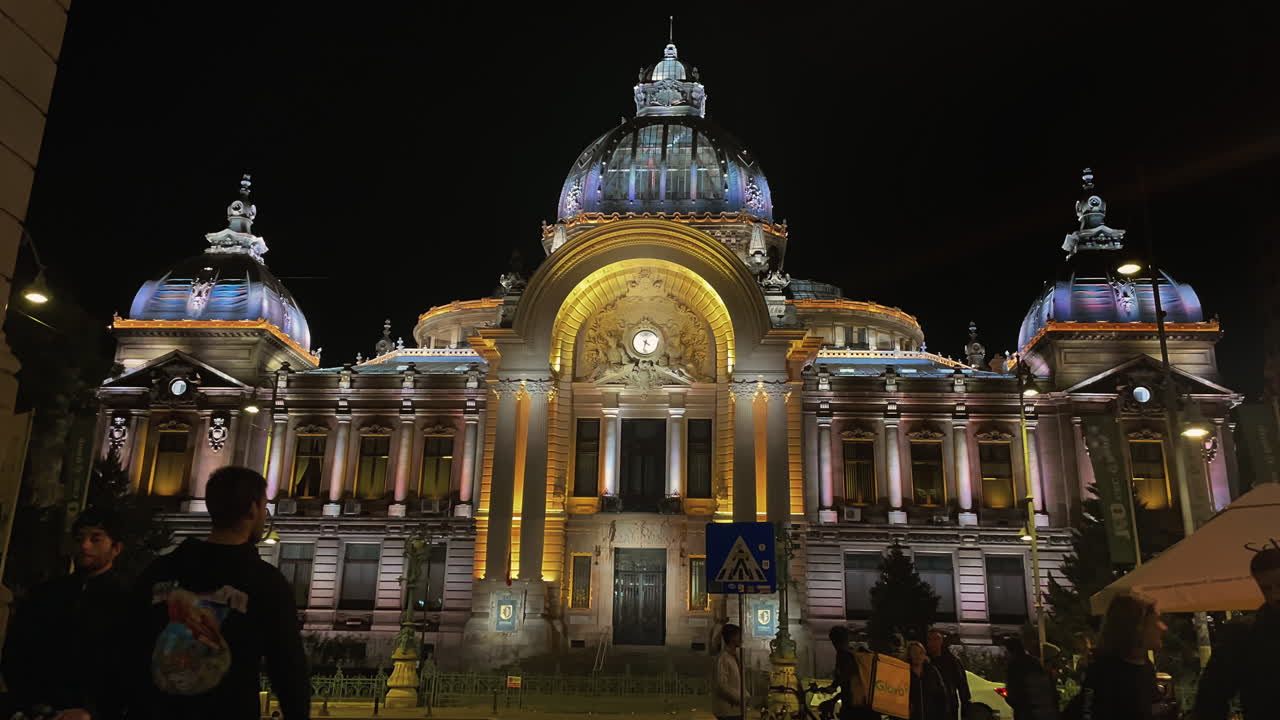 Victory Avenue CEC Palace illuminated,night timelapse, Bucharest Romania
