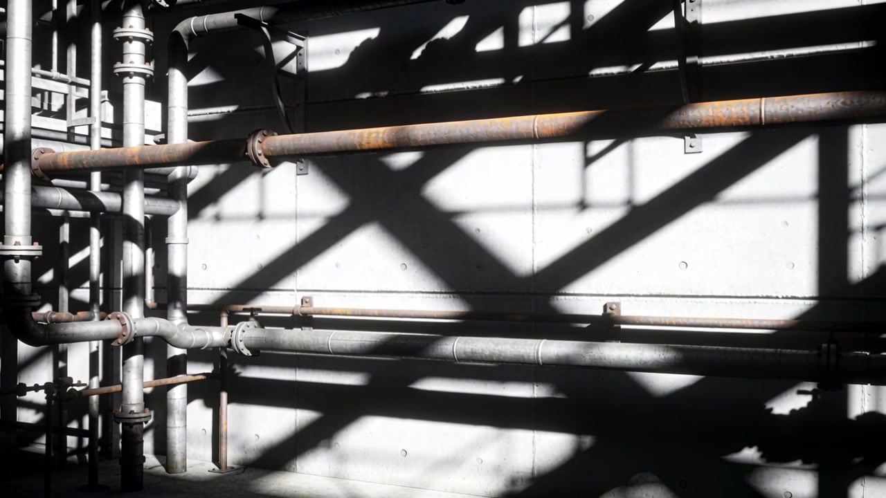 Sunlight shifting, pipes and left scaffold catching diagonal shadows on panel wall, showing rust