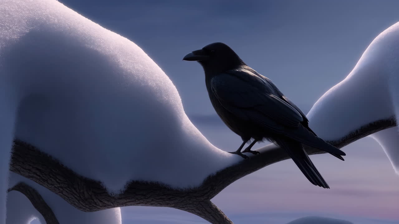 Crow Perched on Snow-Covered Branch in Winter