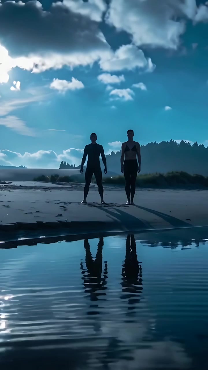 Vertical video: Wearing wetsuit and top, two adults shifting with sun shifting on beach, tidal pool