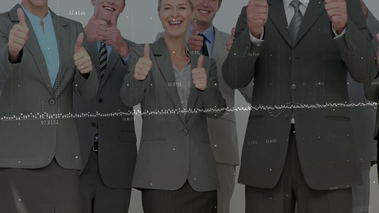 Camera pulling back business team giving thumbs-up waveform overlay crossing midline showing trust