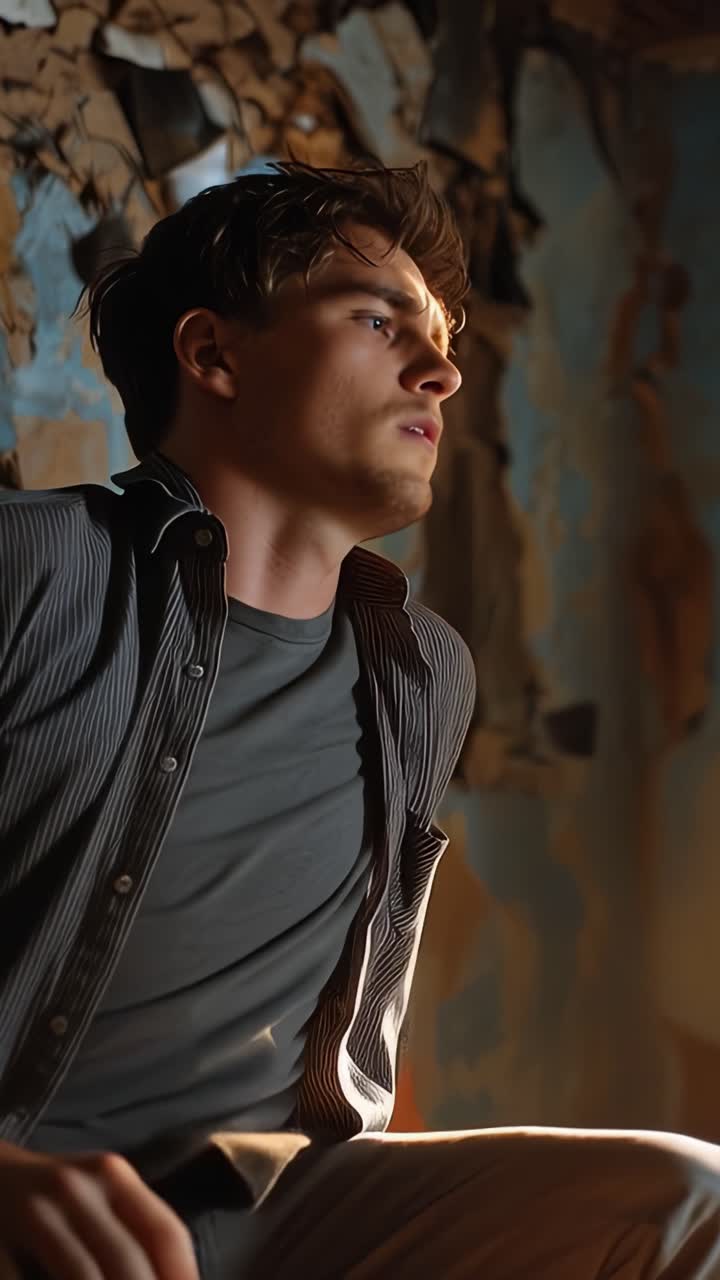 Um jovem pensativo com cabelo despenteado olha atentamente para a distância, iluminado por uma luz quente em um ambiente rústico e texturizado, explorando emoções.