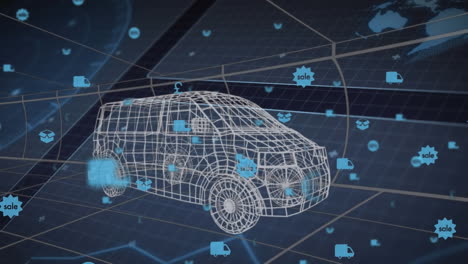 animación de automóviles digitales sobre iconos de medios